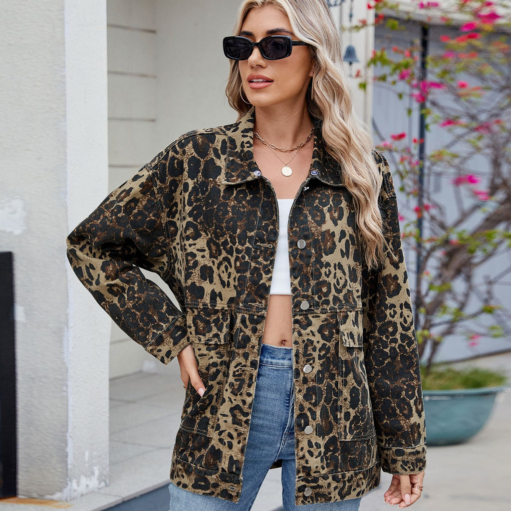 Veste à motif léopard pour femme, fermeture boutonnée, poches plaquées