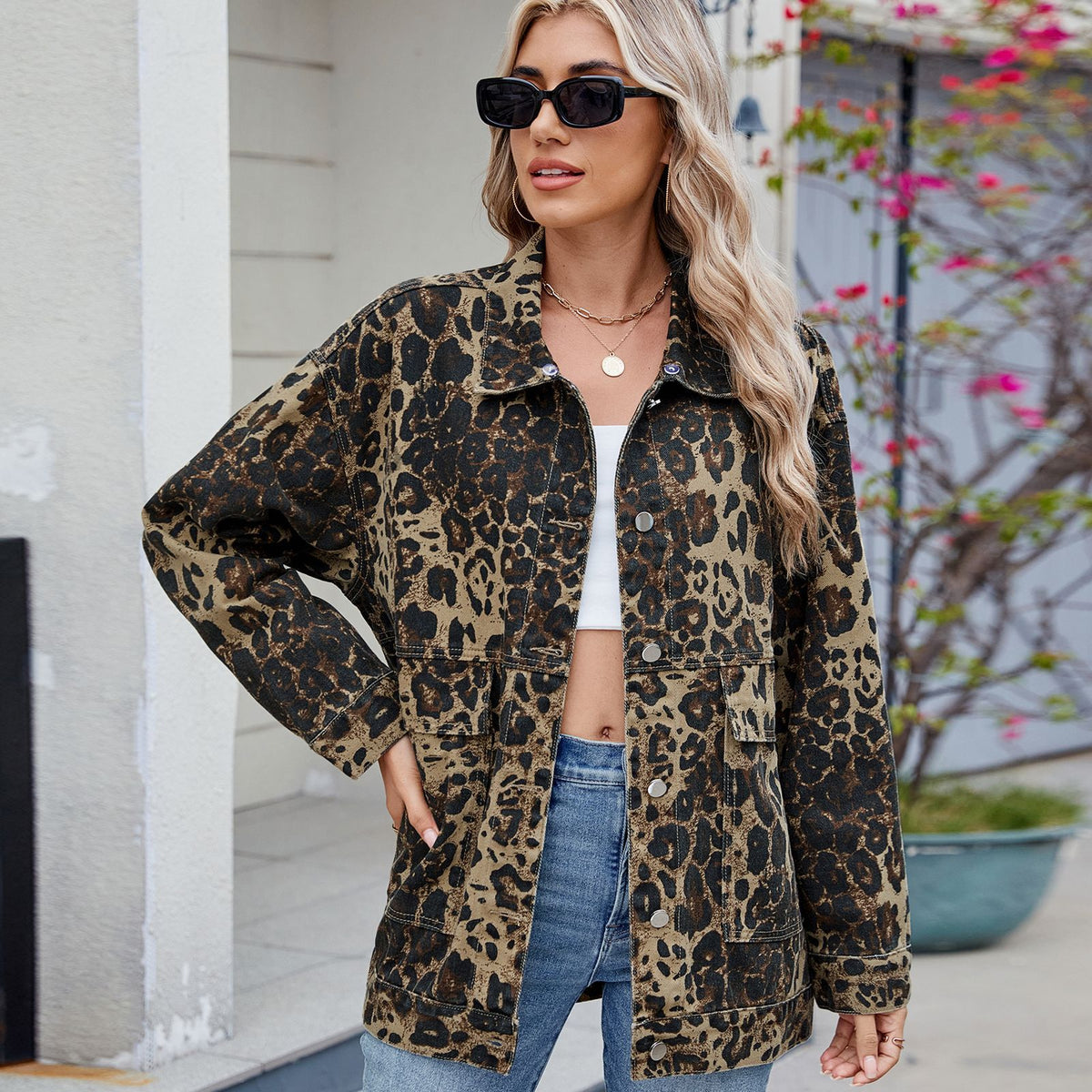 Veste à motif léopard pour femme, fermeture boutonnée, poches plaquées