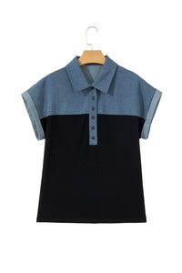 Polo en denim bicolore bleu et noir, col boutonné, manches courtes