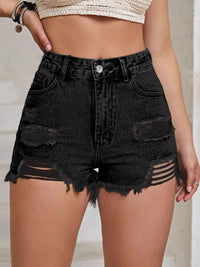 Short taille haute en jean noir usé, poches avant, bas effiloché et déchiré