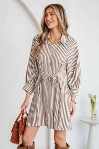Robe chemisier rayée brune, nœud à la taille, manches bouffantes, boutonnée.