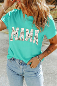 T-shirt femme vert menthe avec grand motif MAMA sur la poitrine