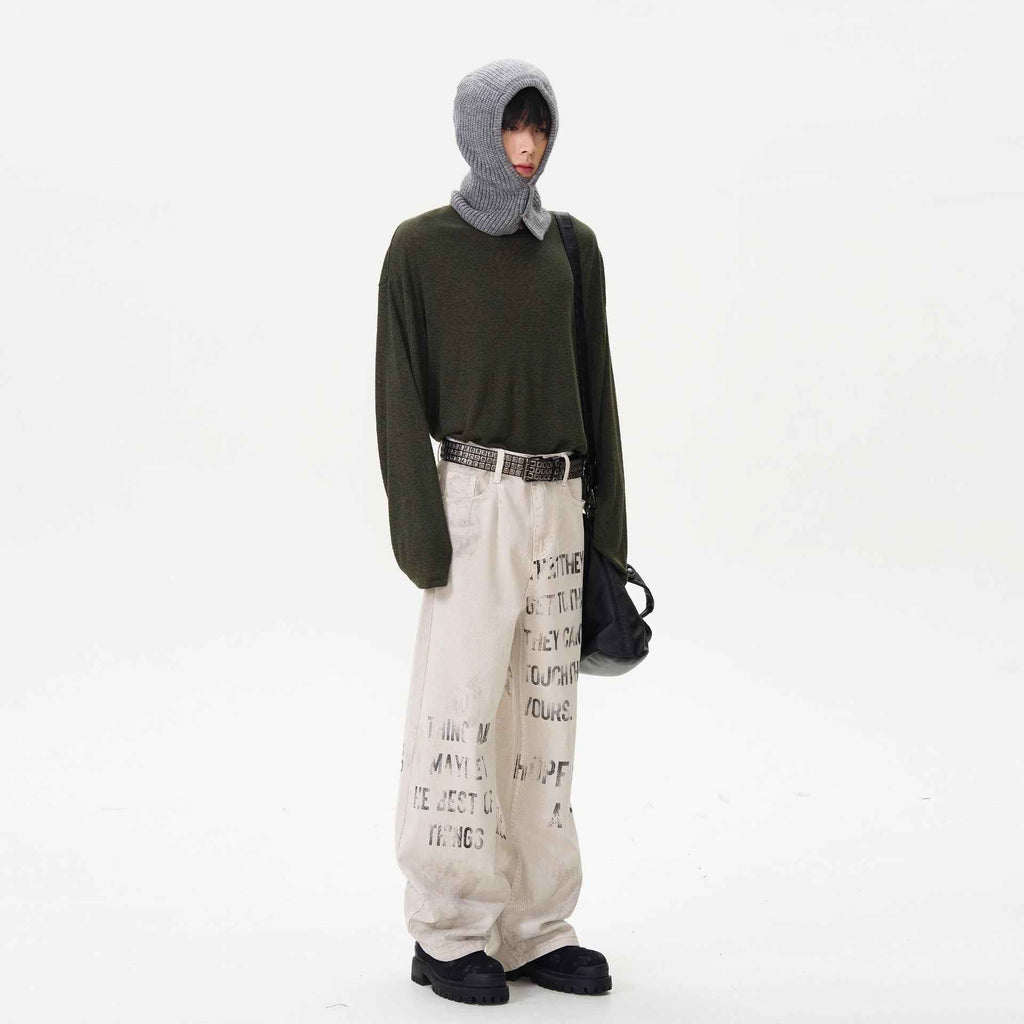 Jean femme crème baggy à jambes larges, lettrage graffiti au style vintage