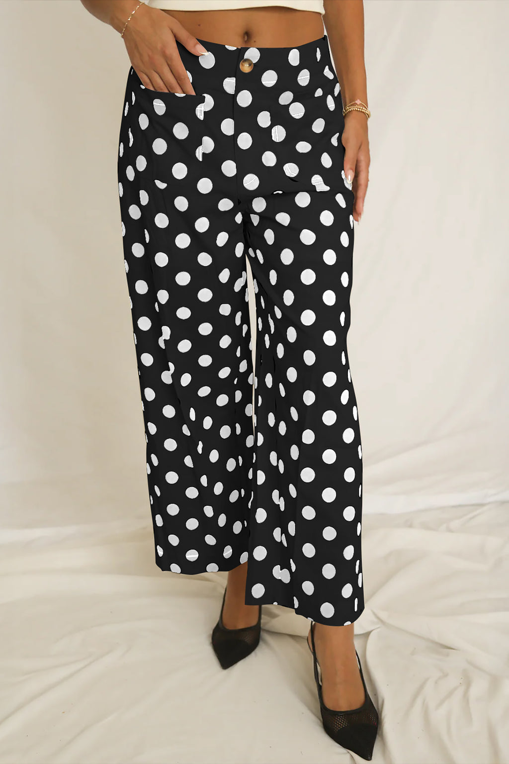 Pantalon Large à Pois Taille Mi-Haute Poches Plaquées – 4 Coloris