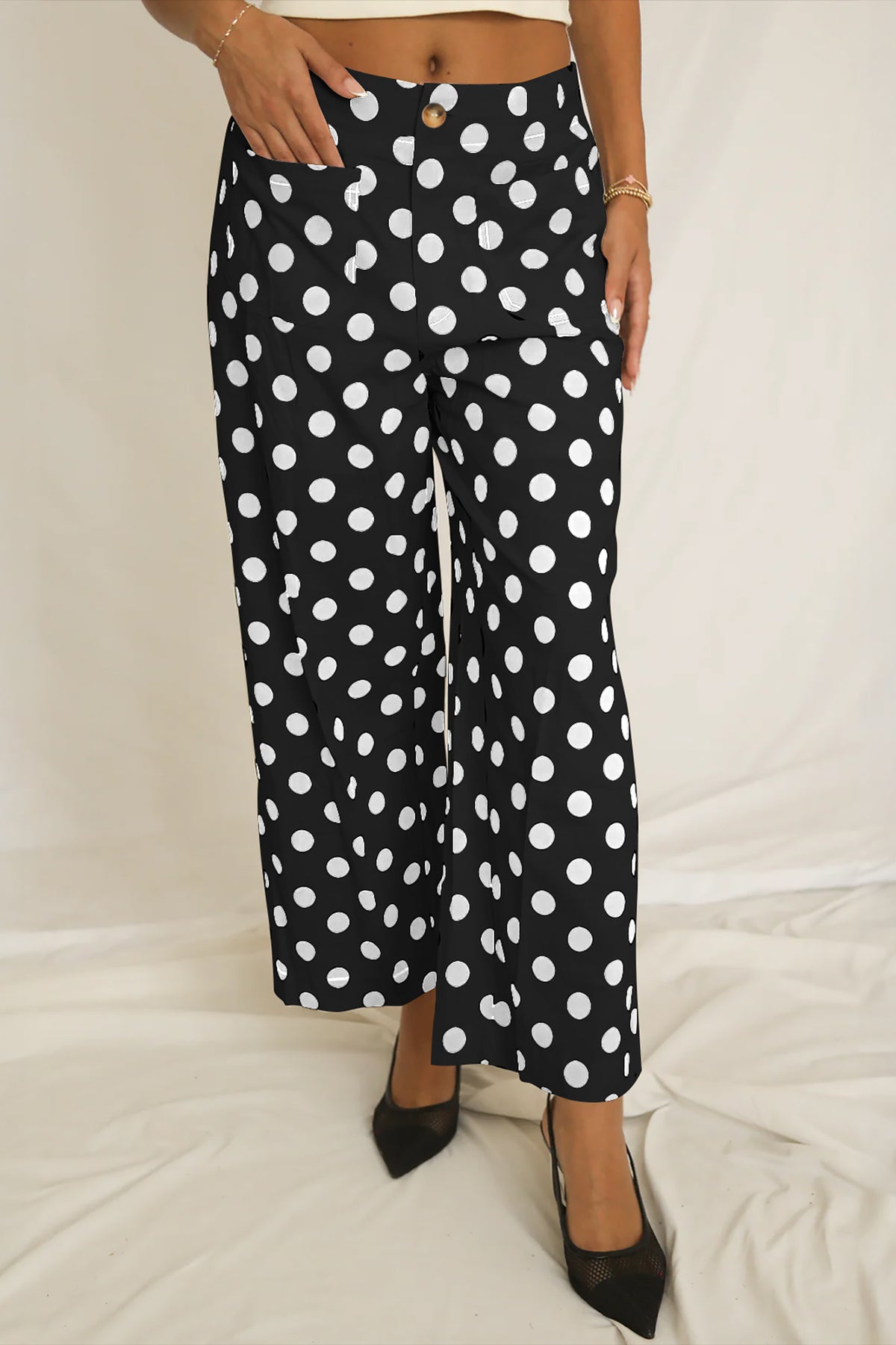 Pantalon Large à Pois Taille Mi-Haute Poches Plaquées – 4 Coloris