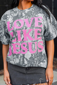 T-shirt femme gris à imprimé rose « LOVE LIKE JESUS », manches courtes