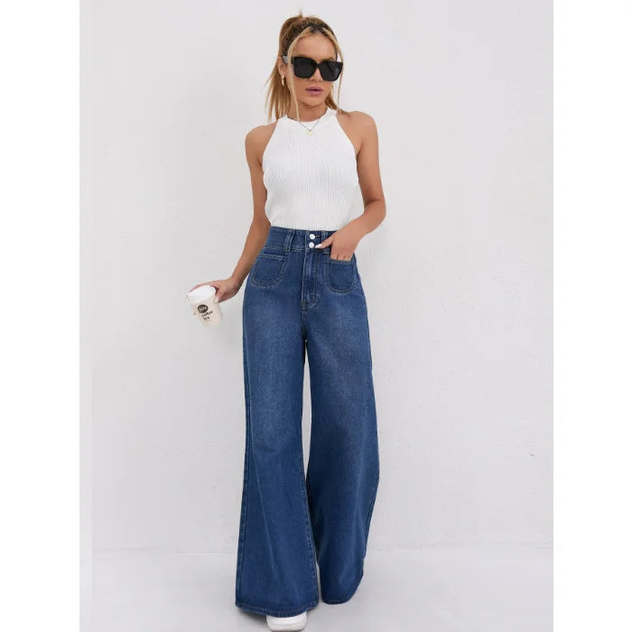 Pantalon évasé femme taille haute élégant et moderne Bleu XXL