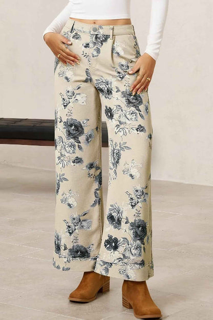Jean Élégant à Imprimé Floral Beige