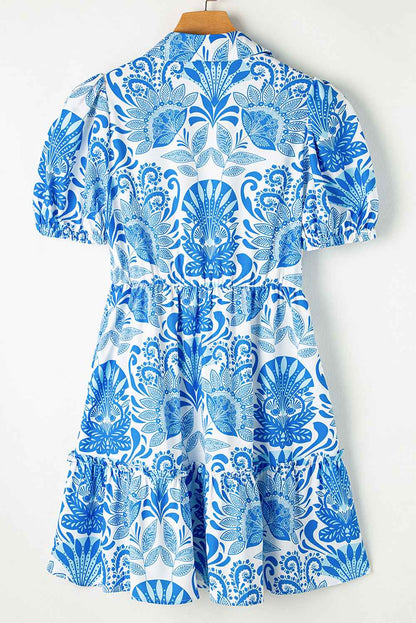 Mini Robe Florale Bleu Ciel Volants Femme | Oléna-Fashion