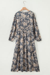 Robe maxi bleu-gris imprimé floral, dos froncé, manches longues