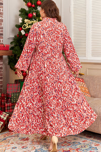 Robe maxi grande taille rouge à imprimé abstrait blanc, manches longues évasées, coupe évasée