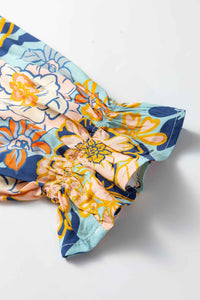 Tissu de robe bleu à fleurs, manche longue bouffante avec volant