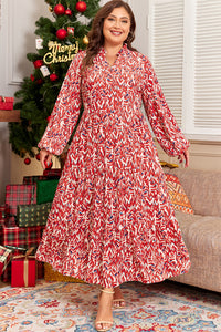 Robe maxi grande taille rouge à imprimé abstrait blanc, manches bouffantes, col rond
