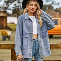 Veste en jean bleue pour femme, surchemise boutonnée, poches poitrine