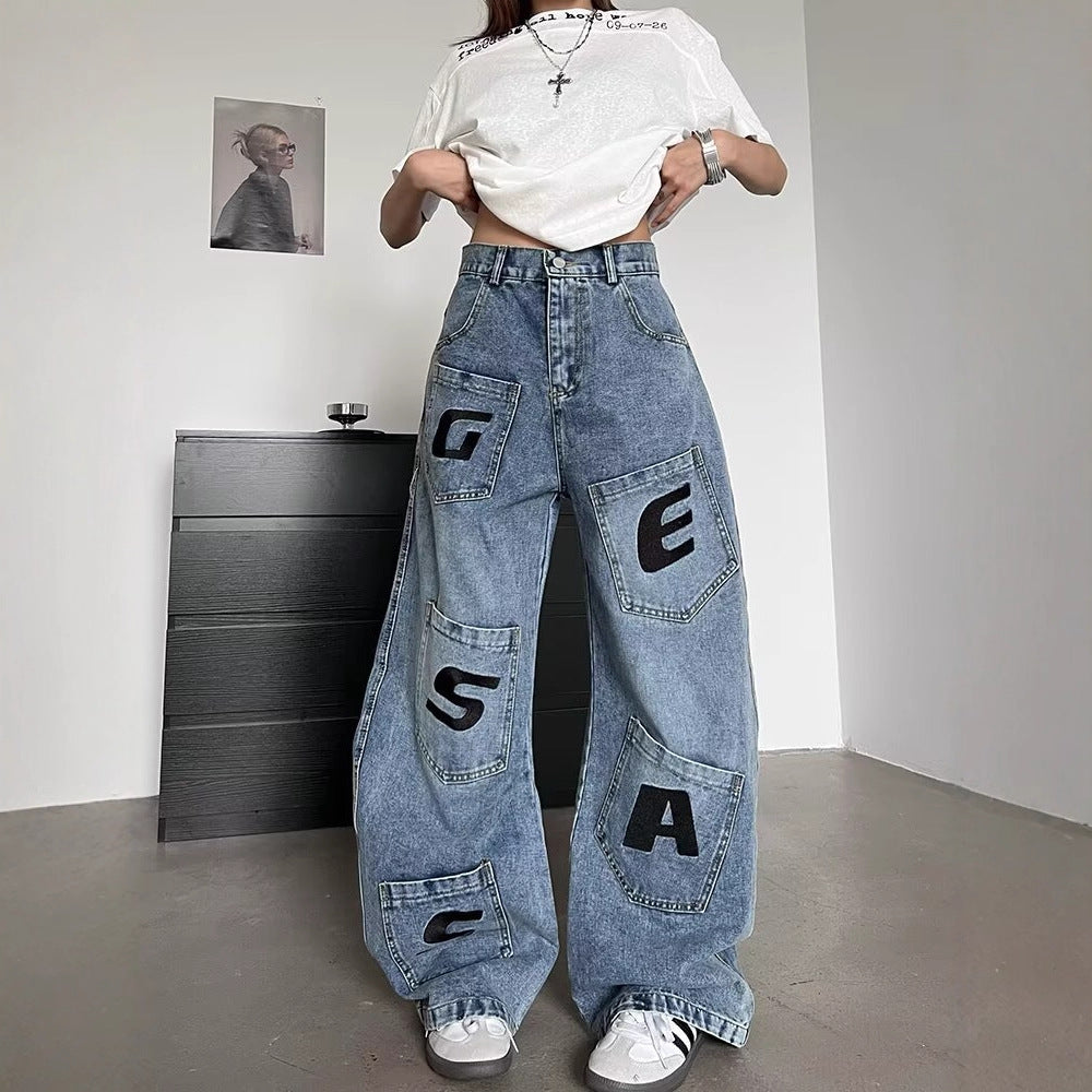 Jean Femme Imprimé Lettres Taille Haute – Coupe Loose Casual