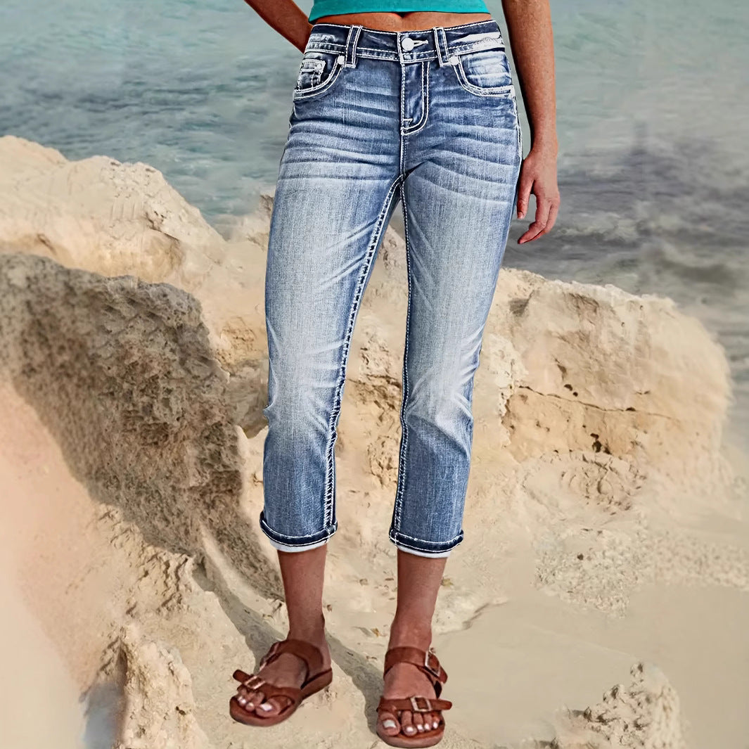 Jean Capri Femme Taille Mi-Haute Stretch – Denim 7/8 Effet Usé Gainant