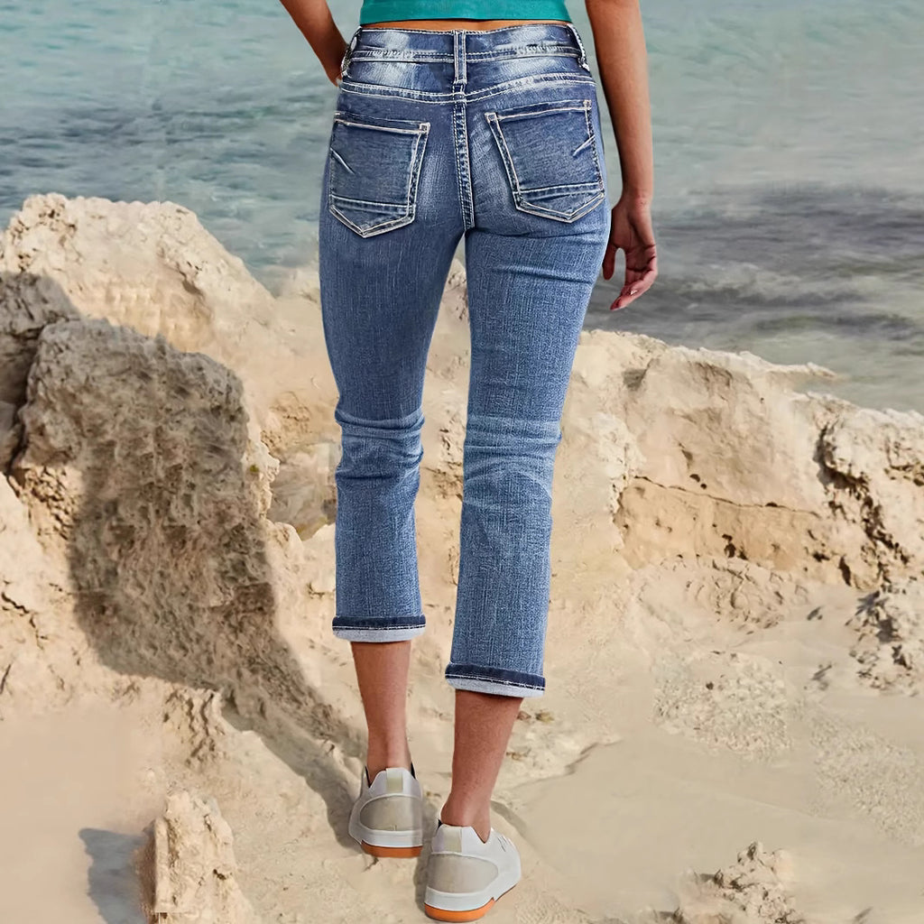 Jean Capri Femme Taille Mi-Haute Stretch – Denim 7/8 Effet Usé Gainant