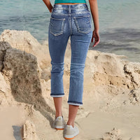 Jean Capri Femme Taille Mi-Haute Stretch – Denim 7/8 Effet Usé Gainant