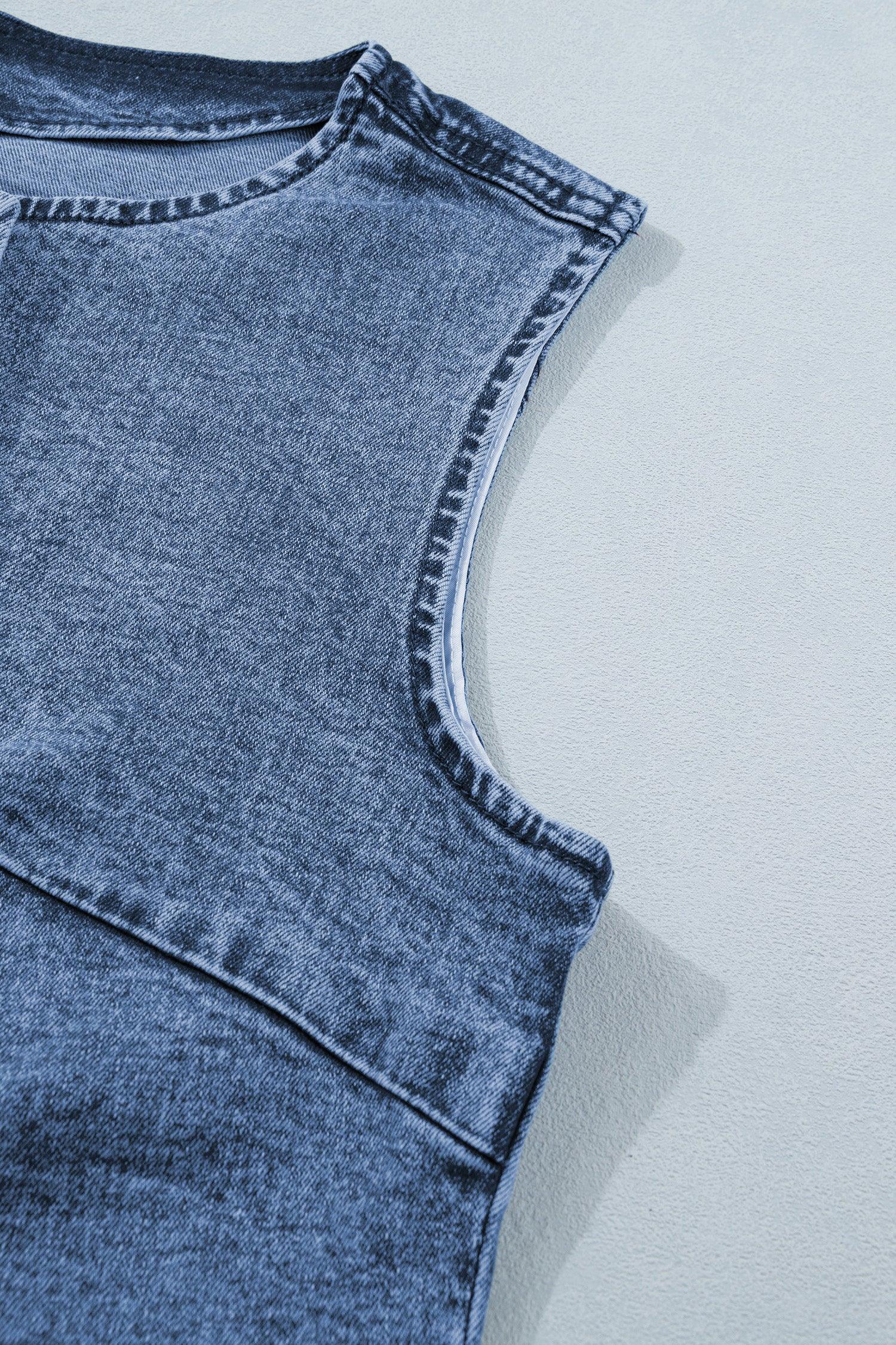 Gilet Sans Manches Denim Bleu Boutons Fente Avant Style Western Femme - Oléna-Fashion