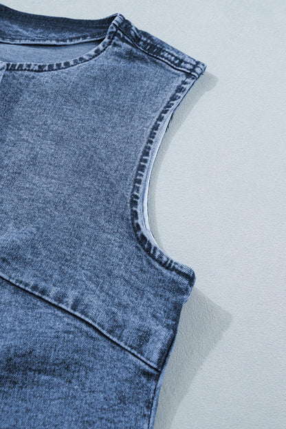 Gilet Sans Manches Denim Bleu Boutons Fente Avant Style Western Femme - Oléna-Fashion