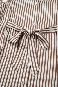 Détail robe: rayures brunes, nœud à la taille, boutons, col chemise.