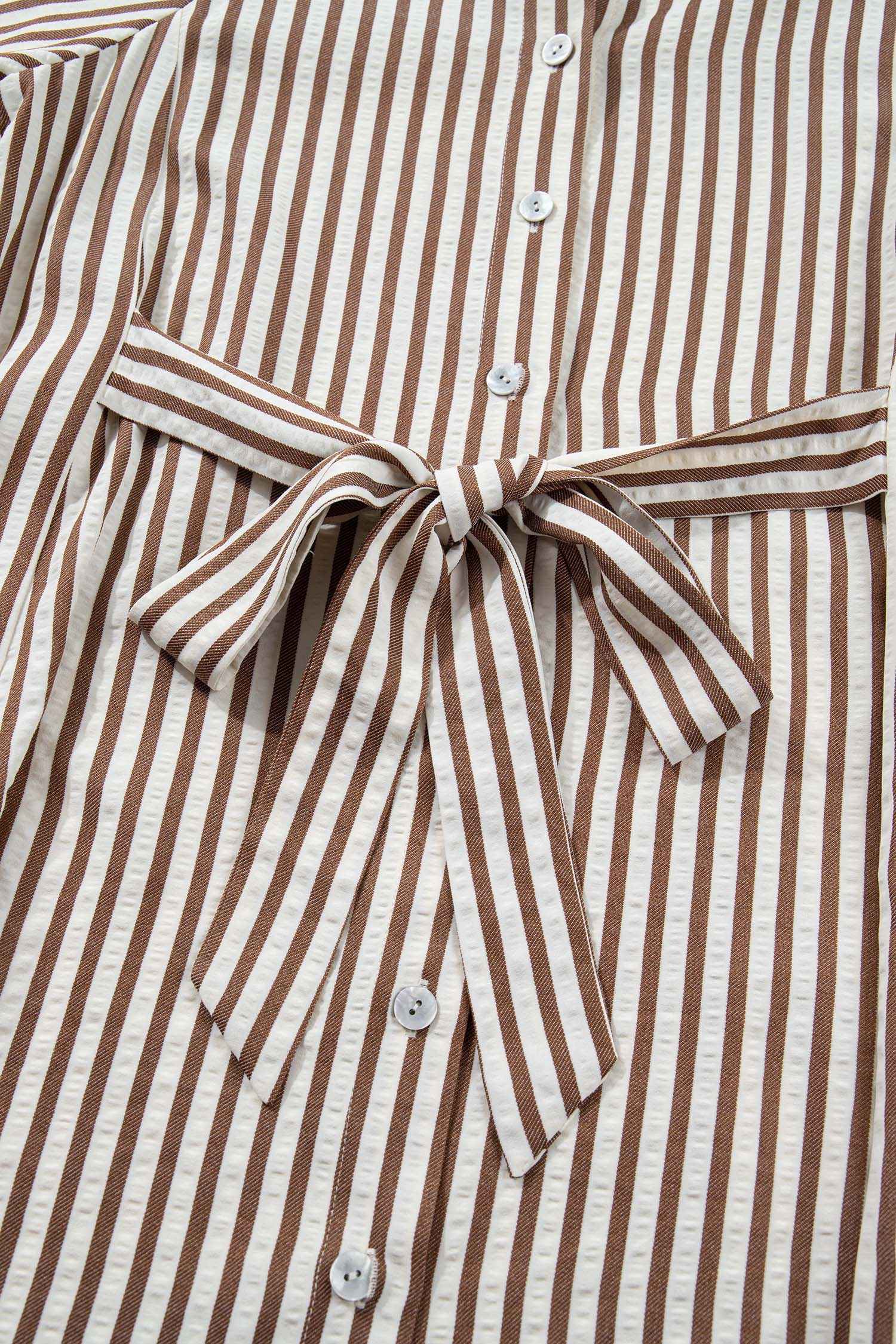 Détail robe: rayures brunes, nœud à la taille, boutons, col chemise.