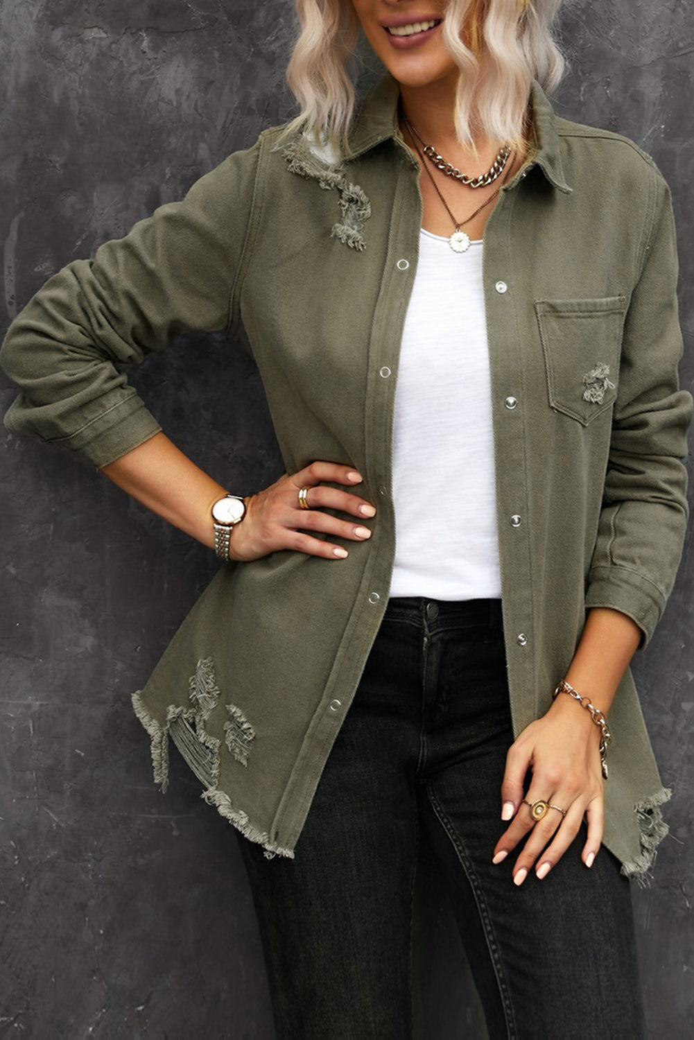 Veste Chemise en Jean Kaki Délavé à Ourlet Effiloché