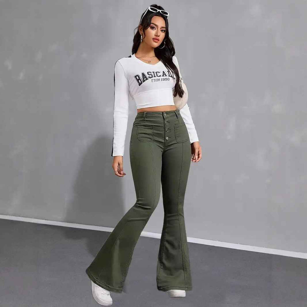 Jean évasé femme en denim vert militaire, taille haute, poches devant et boutons