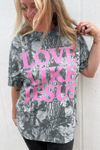 T-shirt femme gris à imprimé rose « LOVE LIKE JESUS », manches courtes
