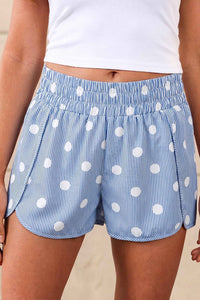 Short taille haute bleu clair à rayures et pois blancs, taille élastique, volants aux côtés