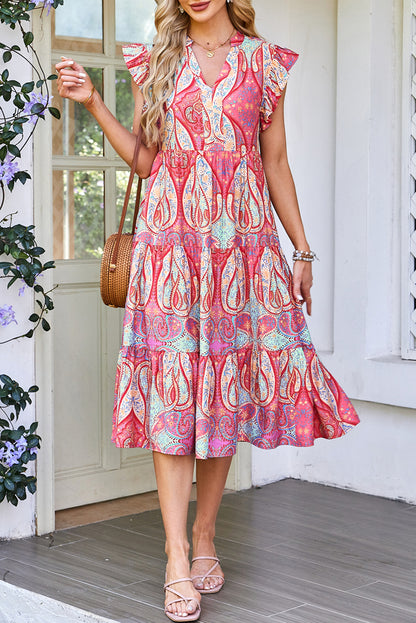Robe Paisley Rose Femme Manches Volantées Col V – Style Bohème Chic
