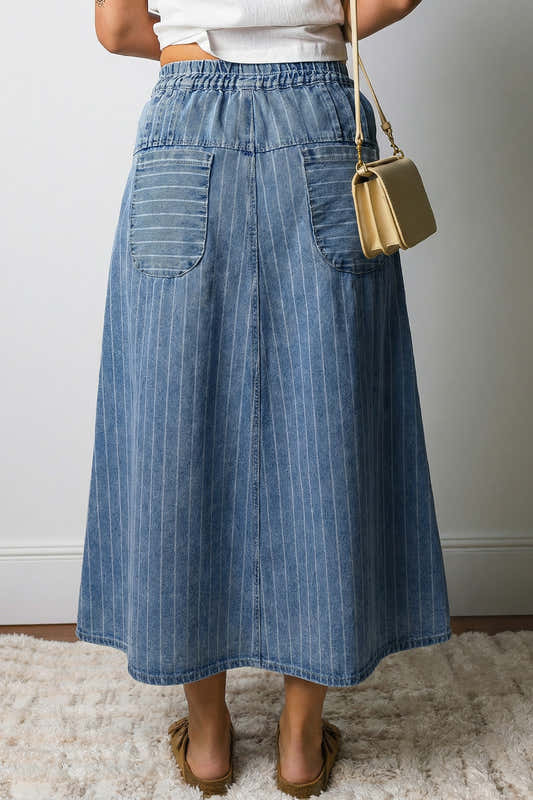 Jupe midi en jean bleu à rayures, taille haute froncée, poches avant, ample