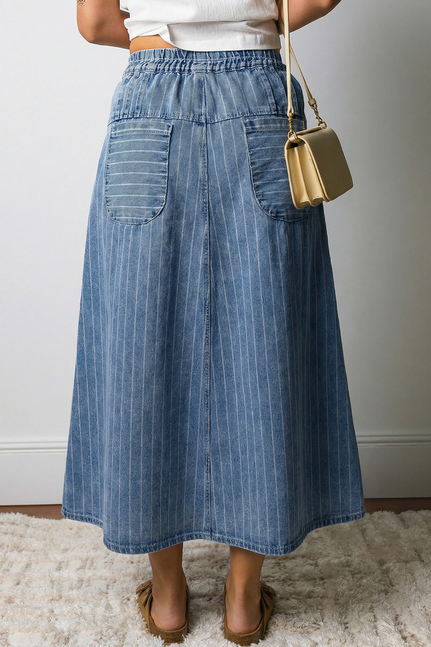 Jupe Midi Denim Rayée Incontournable avec Taille Haute et Cordon