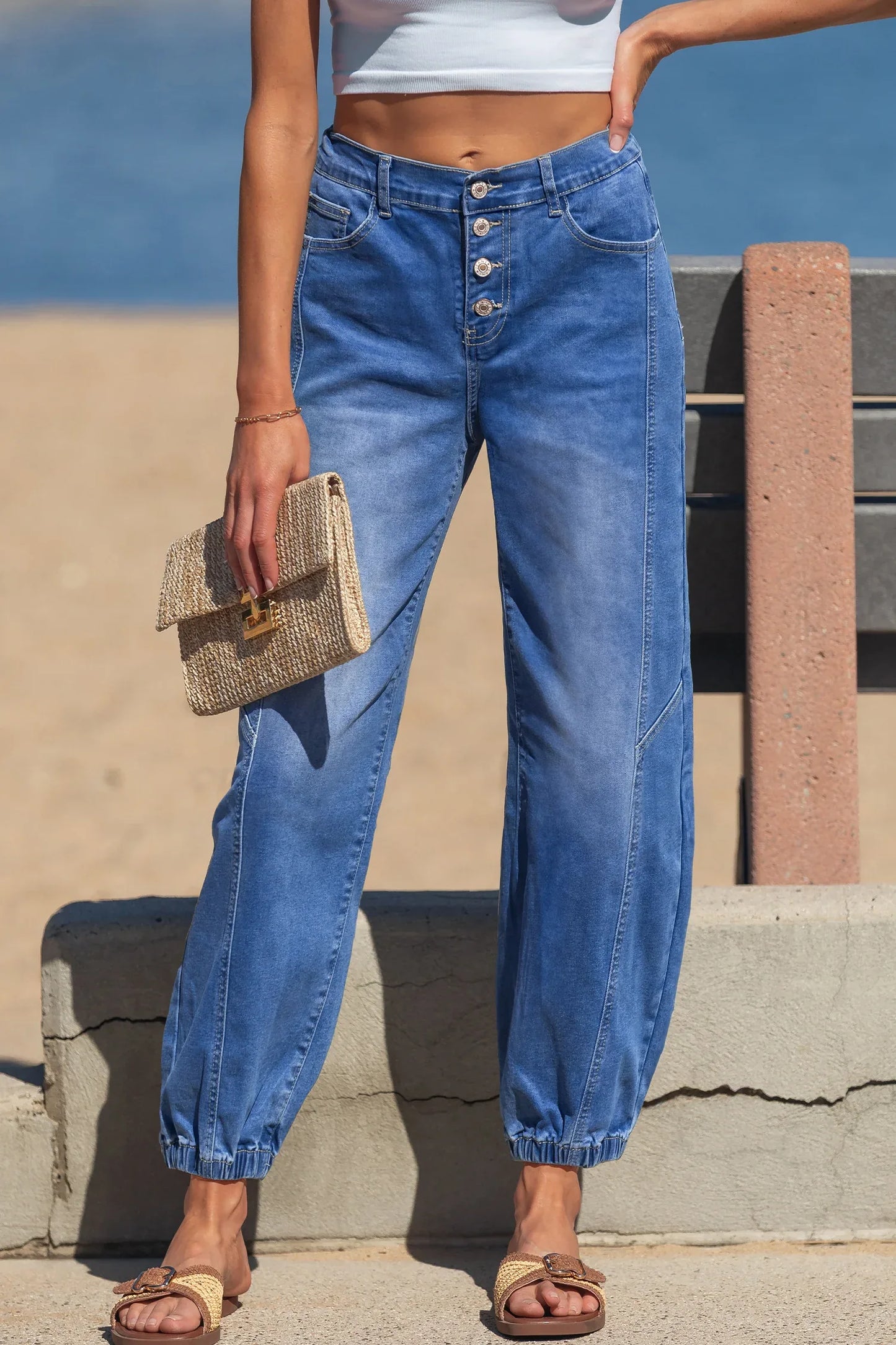 Jean Bleu Décontracté Fuselé Taille Haute 4 Boutons Femme - Oléna-Fashion