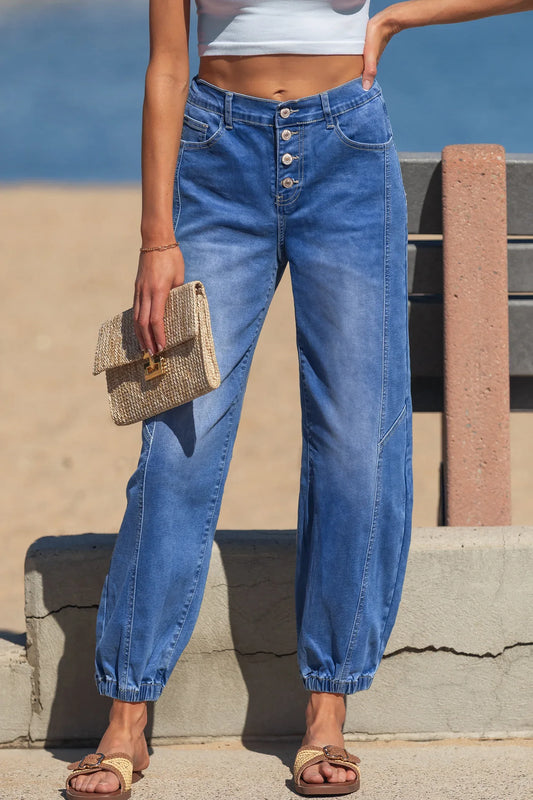 Jean Bleu Décontracté Fuselé Taille Haute 4 Boutons Femme - Oléna-Fashion