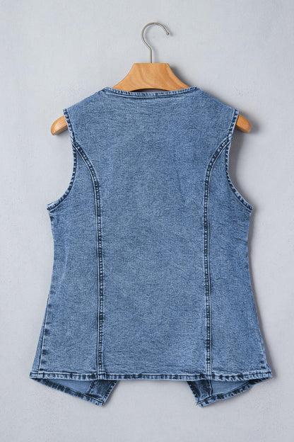Gilet Sans Manches Denim Bleu Boutons Fente Avant Style Western Femme - Oléna-Fashion