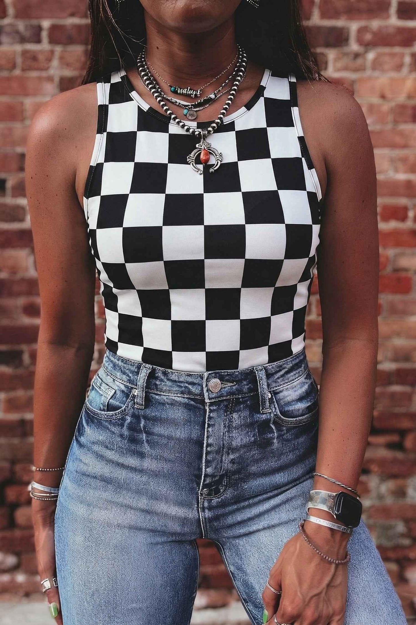 Débardeur Slim à Motif Damier Noir