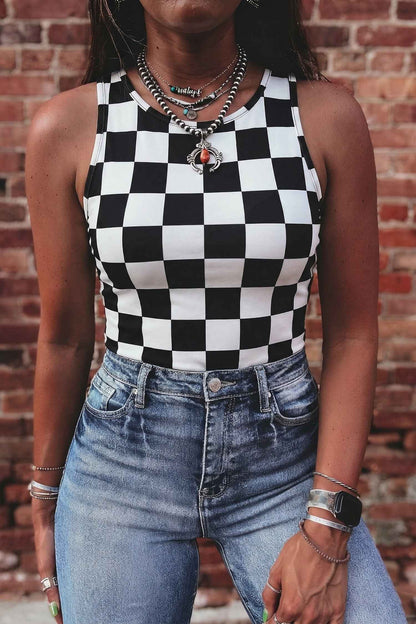 Débardeur Slim à Motif Damier Noir