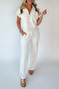 Ensemble femme écru : polo zippé manches courtes et pantalon large