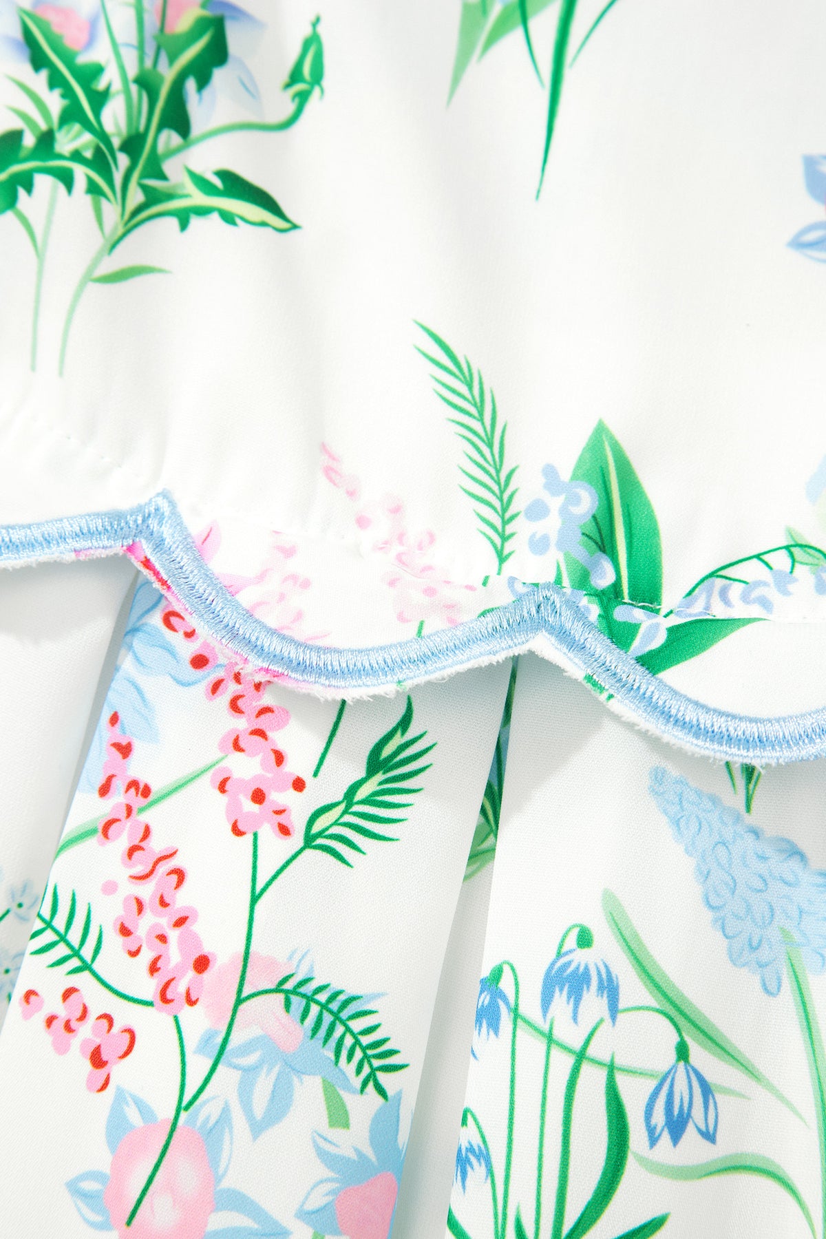 Détail de l’encolure et de la bordure bleu clair, imprimé floral