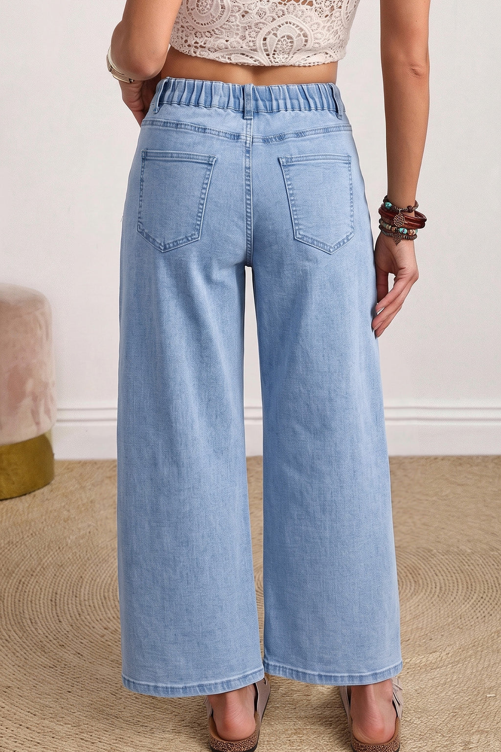 Jean Barrel Bleu Clair à Poches Plaquées Carrées – Longueur Cheville