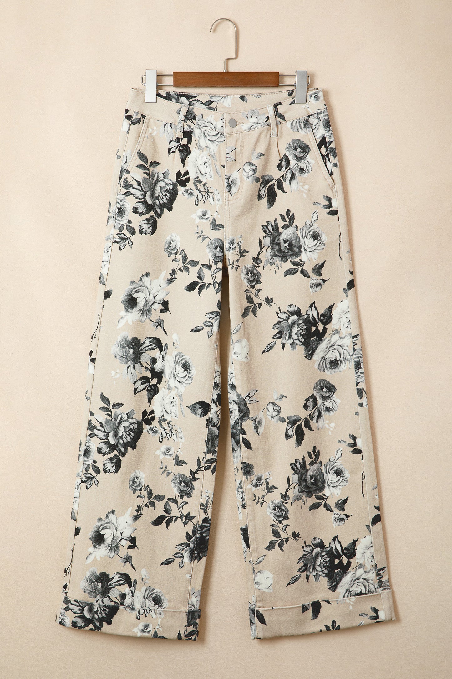 Jean Floral Beige Femme Coupe Ample – Style Rétro Vintage