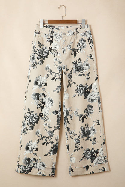 Jean Floral Beige Femme Coupe Ample – Style Rétro Vintage