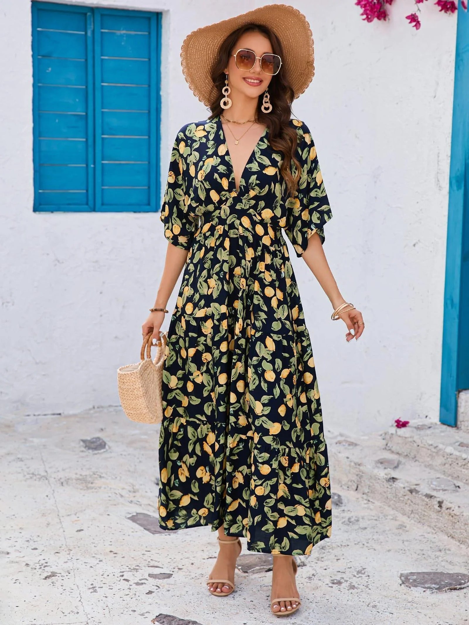 Robe imprimée à manches chauve-souris - Style boho et vacances, élégante