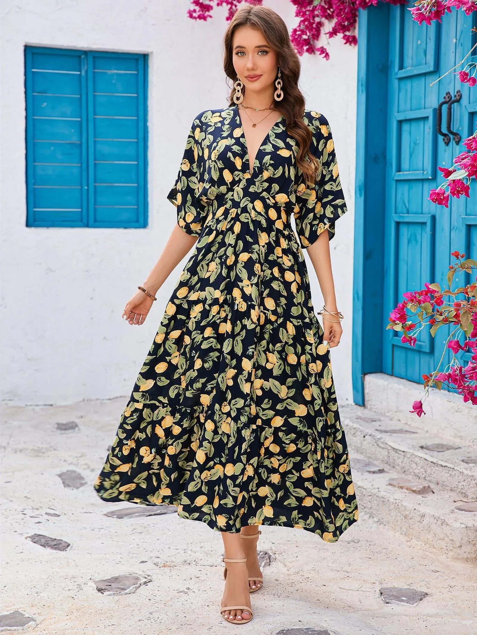 Robe imprimée à manches chauve-souris - Style boho et vacances, élégante