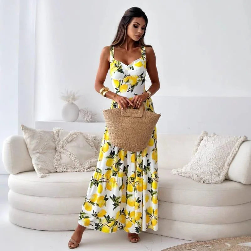 Robe d'été légère à imprimé citron jaune et encolure en V -100 % élégant