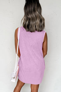 Robe mini sans manches mauve vue de dos, encolure ronde et poches latérales