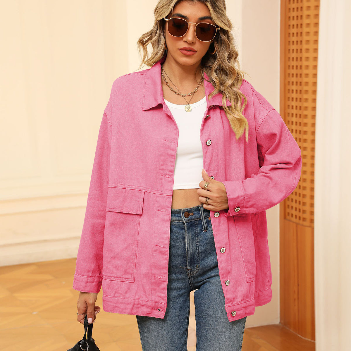 Veste rose pour femme, fermeture boutonnée, col ouvert, poches plaquées
