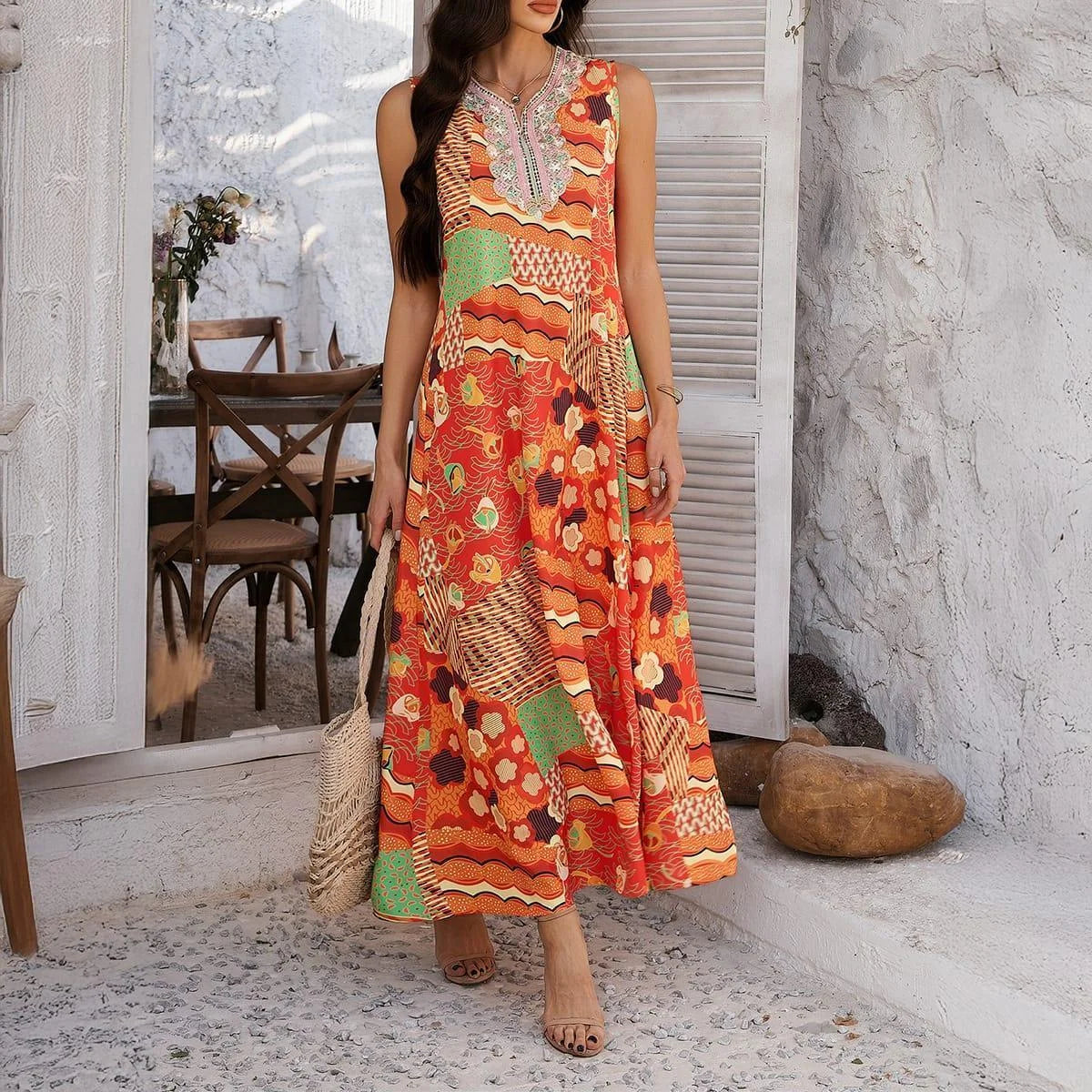 Robe Mi-Longue Été Femme – Robe Maxi Décontractée et Élégante Orange M