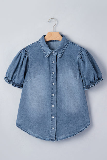 Chemisier en Denim Femme Manches Courtes Boutons-Pression – Bleu